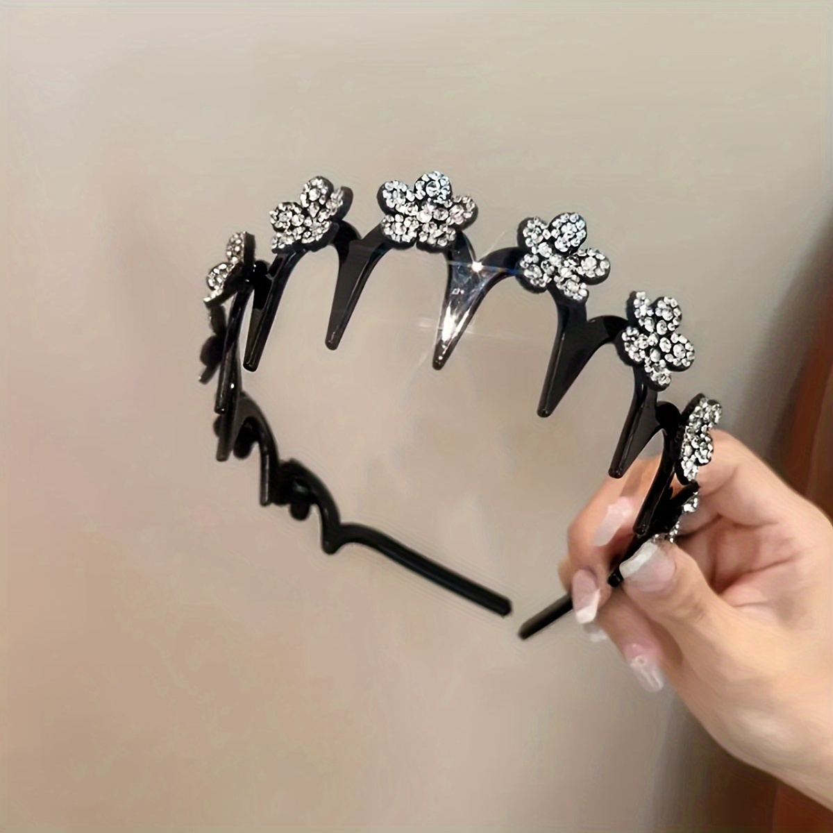 TEMU Élégant Serre-tête Fleur en Strass avec Élastiques à Cheveux en Plastique, Organisateur de Queue de Cheval Haute & Pince pour Lavage du Visage -
