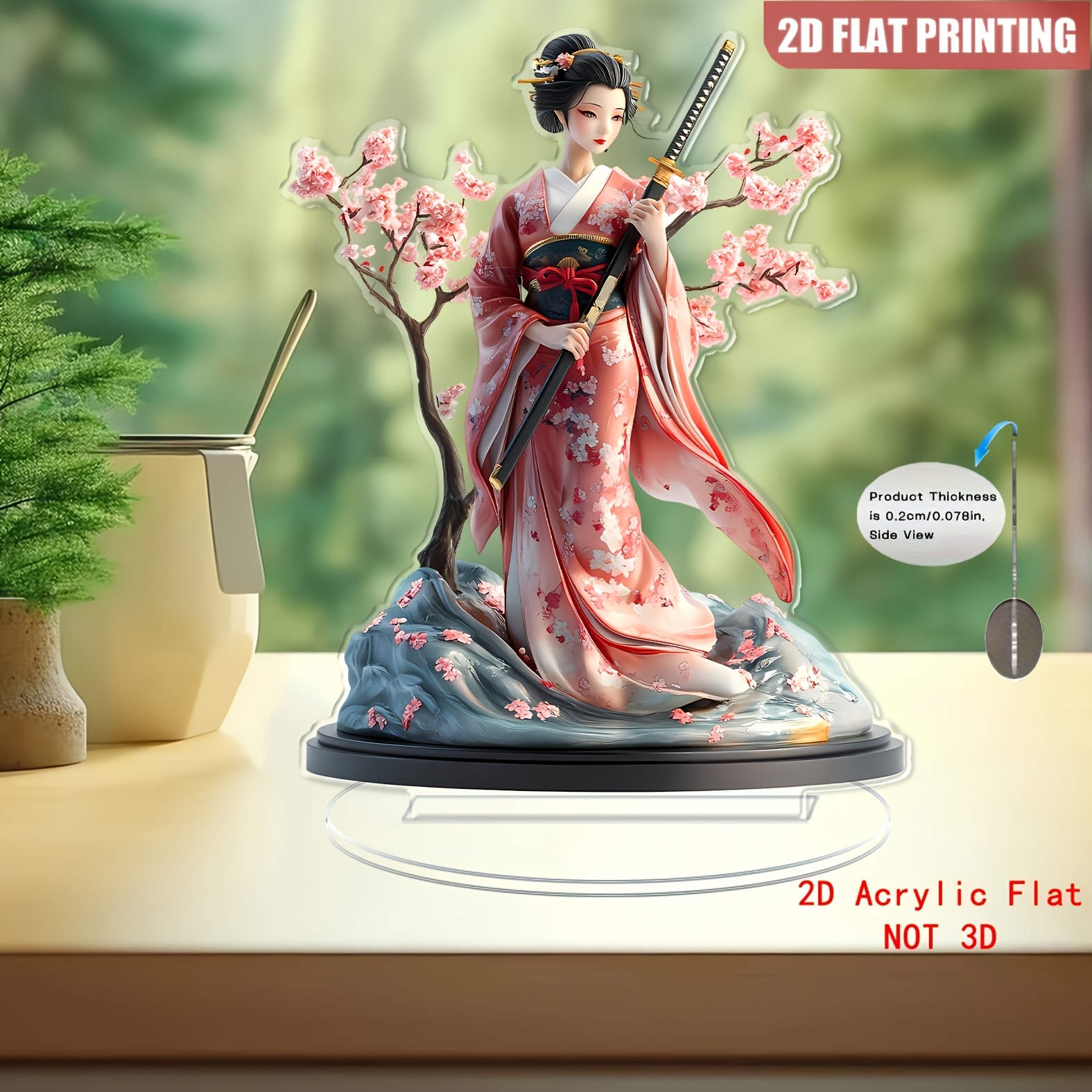 TEMU Statue 2D Plate de Geisha Japonaise avec - Figurine 2D en Acrylique avec Kimono à , Base Ronde Adaptée pour la Décoration de , du Bureau,