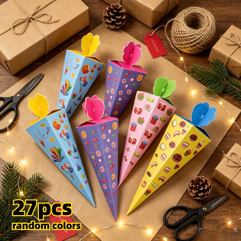 TEMU 27pcs Christmas Triangle Gift Boxes, Random Color Holiday Favor Boxes With Floral Closure, Cute Gift Packaging For Christmas Thanksgiving Party,