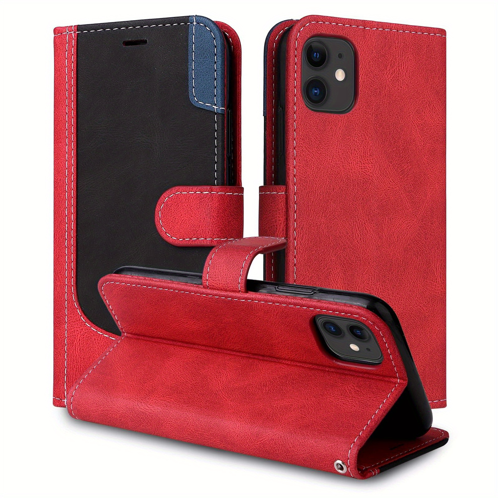 TEMU Phone Case - Tri-color Stitched Contrasting Faux Leather Case Creative Double-fold Wallet Card Holder Case Stand Wallet For Iphone