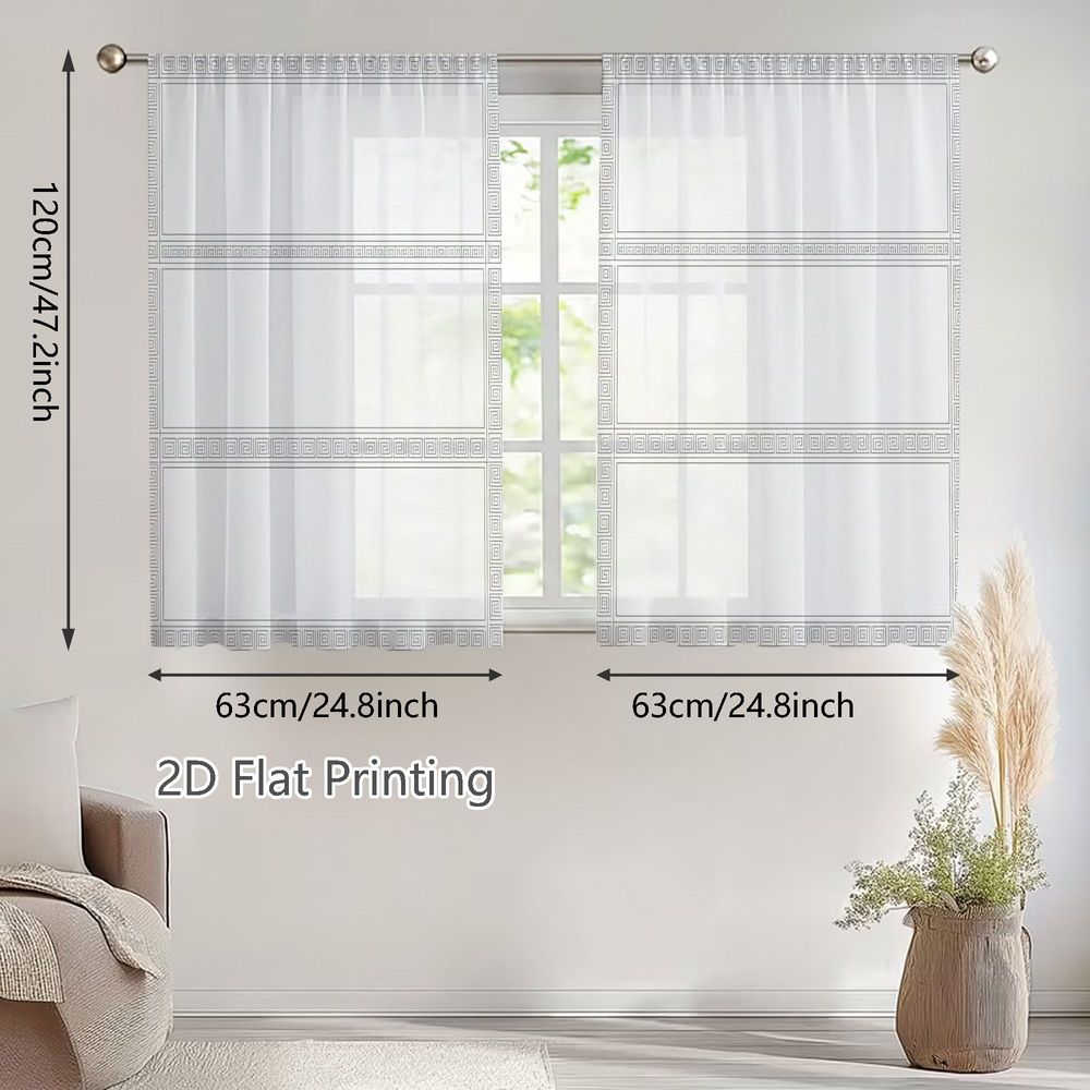 TEMU 2D Plat - 2D Plat - 2D Plat, 2pcs Petites Rideaux Voilages Printemps Été, Design Clé Grecque Line-Art sur Polyester Voilé, Parfait pour Salons,