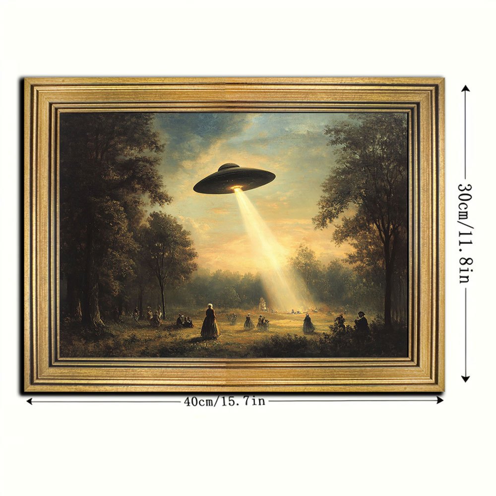 TEMU 2d Flat, 2d Flat, Vintage Golden Framed Canvas Art | Impressionistic Ufo & Abduction Painting, 11.8x15.7 Inches, Surreal Scene With Trees And