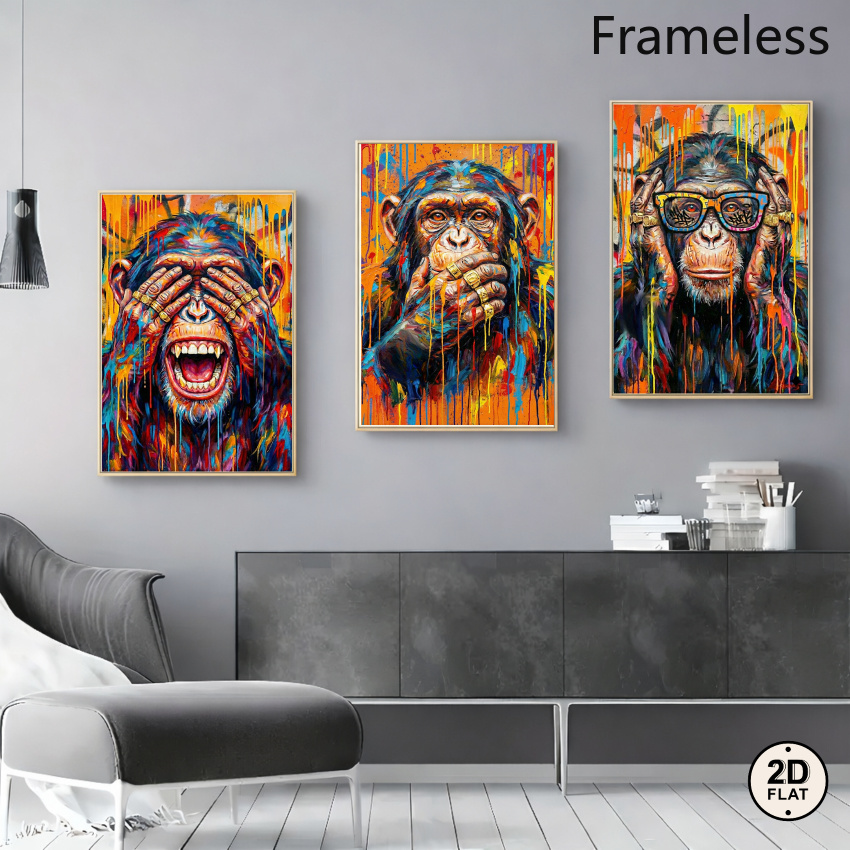 TEMU 2d Flat, 3pcs Modern Abstract Monkey Prints - Vertical Frameless Canvas Paintings Suitable For Living Room, Bedroom, Decor, Vibrant Monkey With