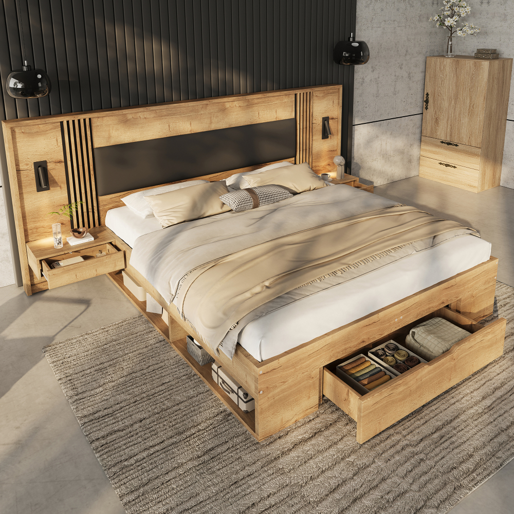 Natural Wood Double Storage Bed Frame Set 180x200cm, With 5 Storage Compartments And 2 Bedside Tables - Versatile Furniture For Master Bedrooms, Guest Rooms And Holiday Homes
