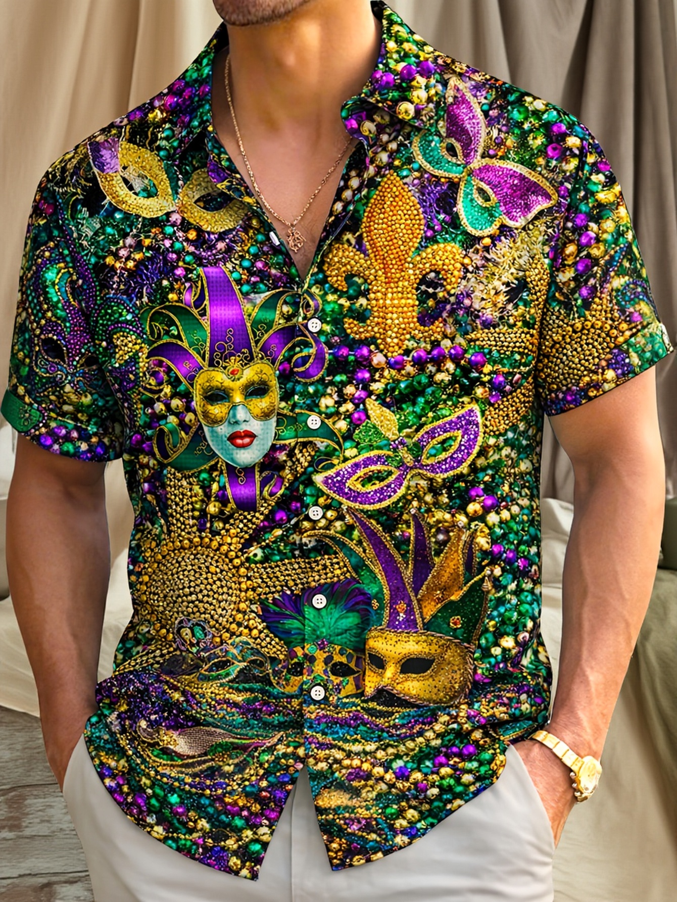 camisa hawaiana de manga corta con bolsillo y botones para hombre de talla   con estampado de máscara de mardi gras