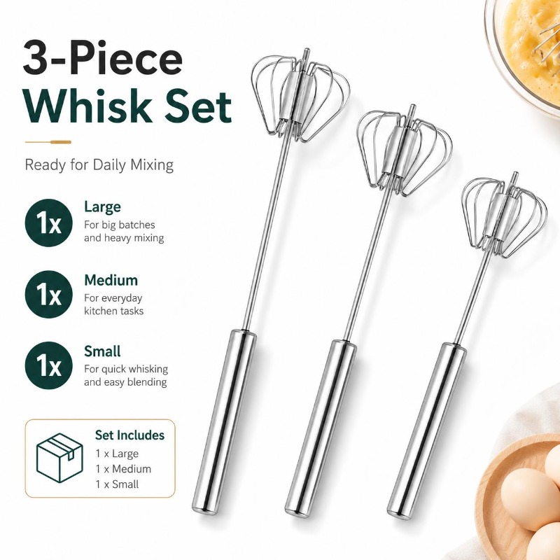TEMU 3pcs Stainless Steel Semi-automatic Egg Beater Set, Hand-press Rotating Whisk, Manual Mixer, No Batteries Required, Suitable For Eggs, Cream,