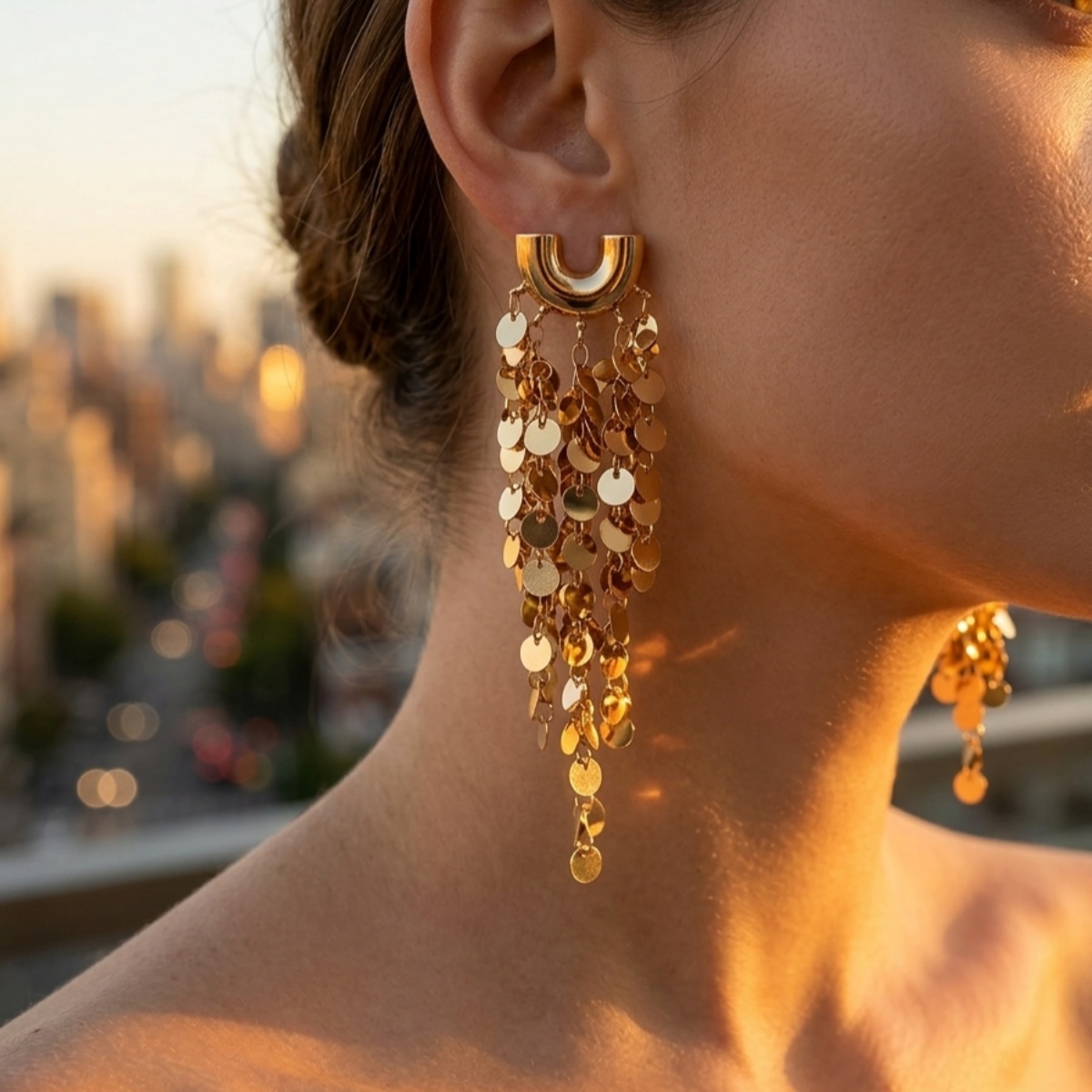 TEMU Une paire de boucles d'oreilles longues tombantes de U, élégantes, exquises et polyvalentes, à pompons multicouches avec disques ronds épissés,