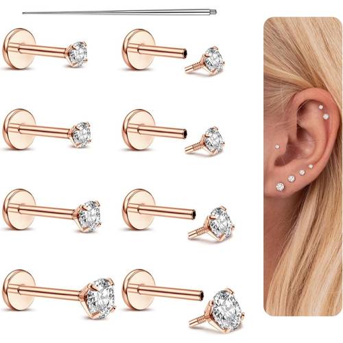 8er-set edelstahl tragus piercing schmuck nasenstecker, gewindete labret lippenstifte flachrückseite ohrstecker für frauen männer 16g/18g helix piercing labret piercing schmuck