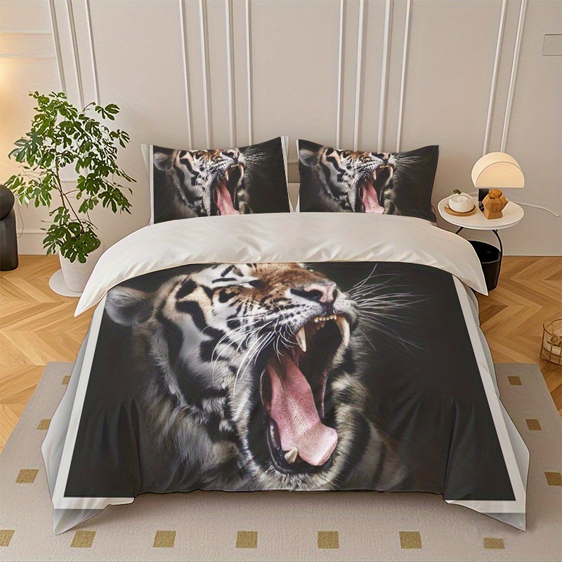 2/3pcs Tiger Roaring Fierce Printed Duvet Cover Set, Which Includes a Duvet Cover And Pillowcases - Perfect for Bedrooms And Bedding Decoration | Machine Washable Polyester Duvet Cover Set | an Ideal Choice for Christmas, Valentine'S Day, And More., Highend Fabric Woven Piece, Plush Bedspread, Digitally Printed Cloth, Halloween Duvet, Bedrooms And Bedrooms decor., Duvet Decoration Comfort., King Size Bed Frame with Headboard, Duvet Pack for Bedroom Decor, Bedding Basics, Fantasy