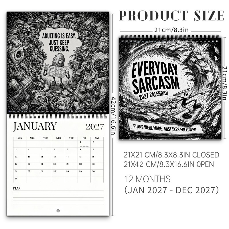 TEMU Everyday Sarcasm 2027 Wall Calendar - Spiral-bound Retro Comic Art With Dry Humor & Workplace Wit Suitable For Humor Lovers, Office Workers,