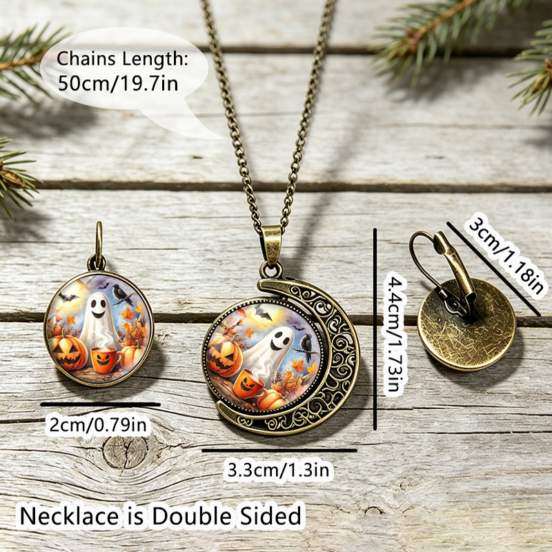 3pcs Halloween Pumpkin Ghost Vintage Earrings & Necklace Set