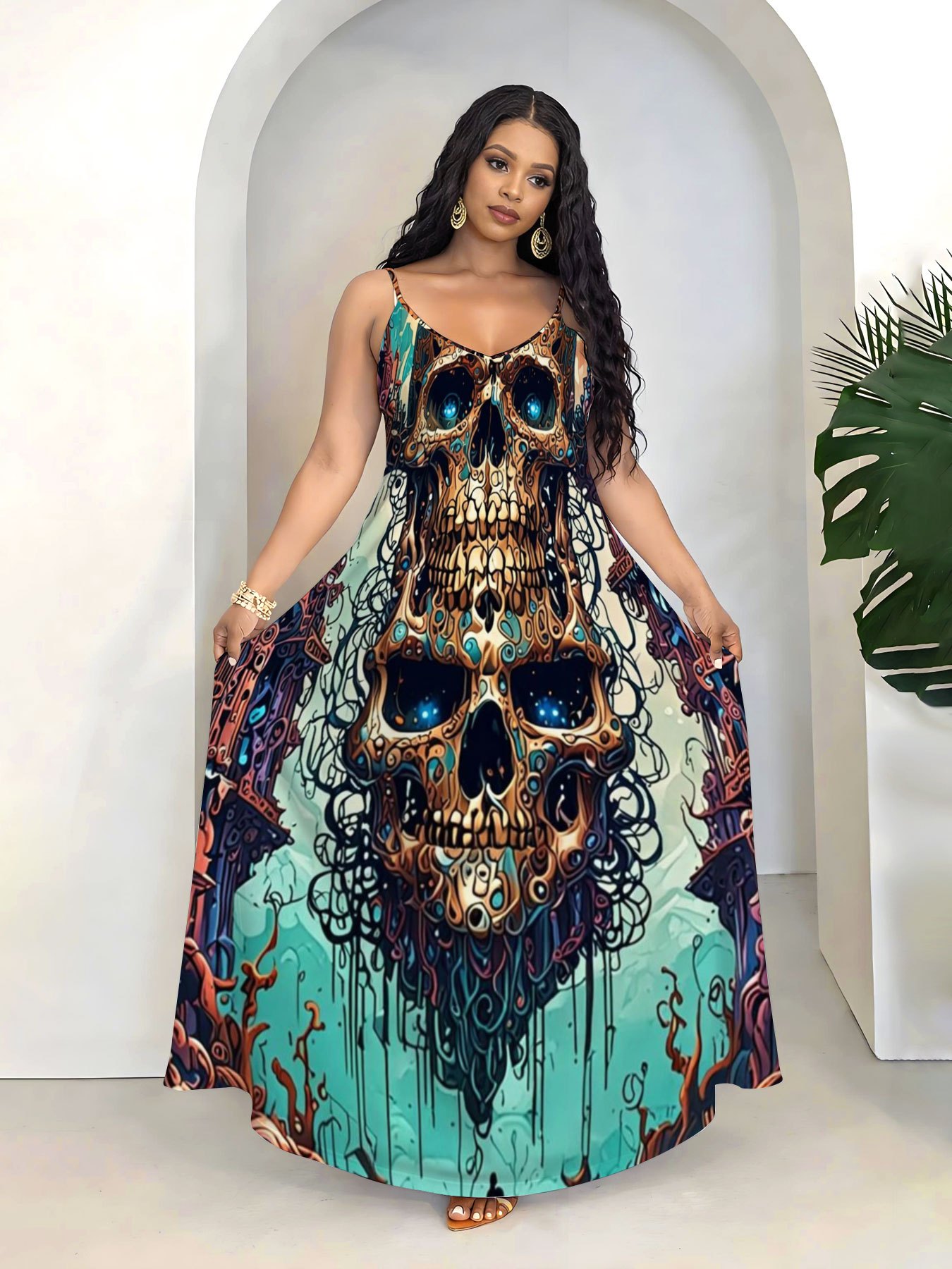 maxi dress with skulls Women's Skull Black And White Ankle Long Dress L / White