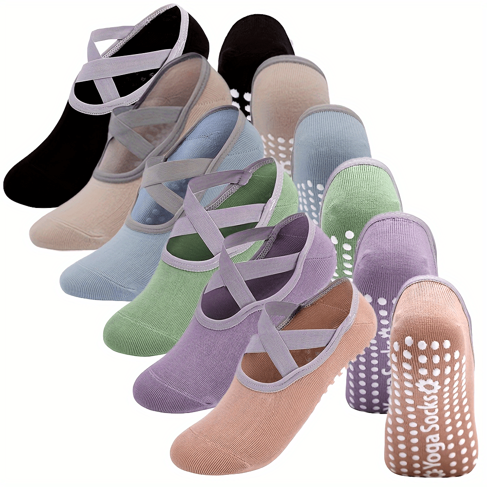 

6 Pairs Women's Yoga Socks - Non-slip Silicone Grip, Knit Fabric, Machine Washable, Solid Color, For Pilates, Dance & Fitness