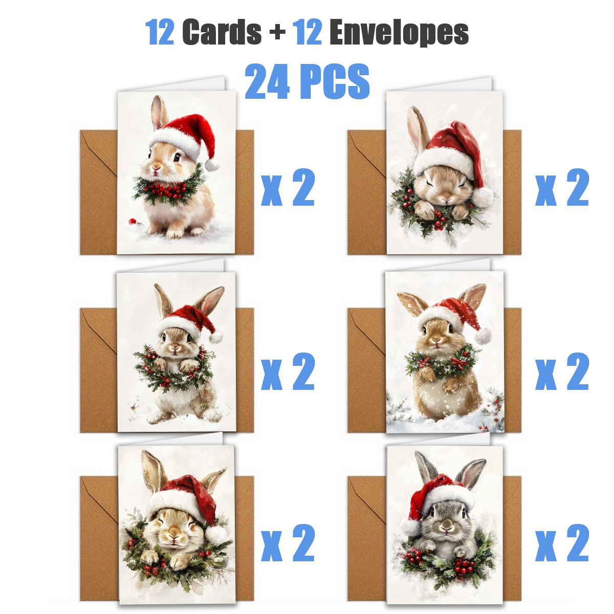 TEMU 1set/ 12pcs/ 24pcs Christmas Greeting Cards With Bunny Rabbits Wearing Santa Hats | Includes Envelopes, Greeting Cards | Perfect For Birthdays,
