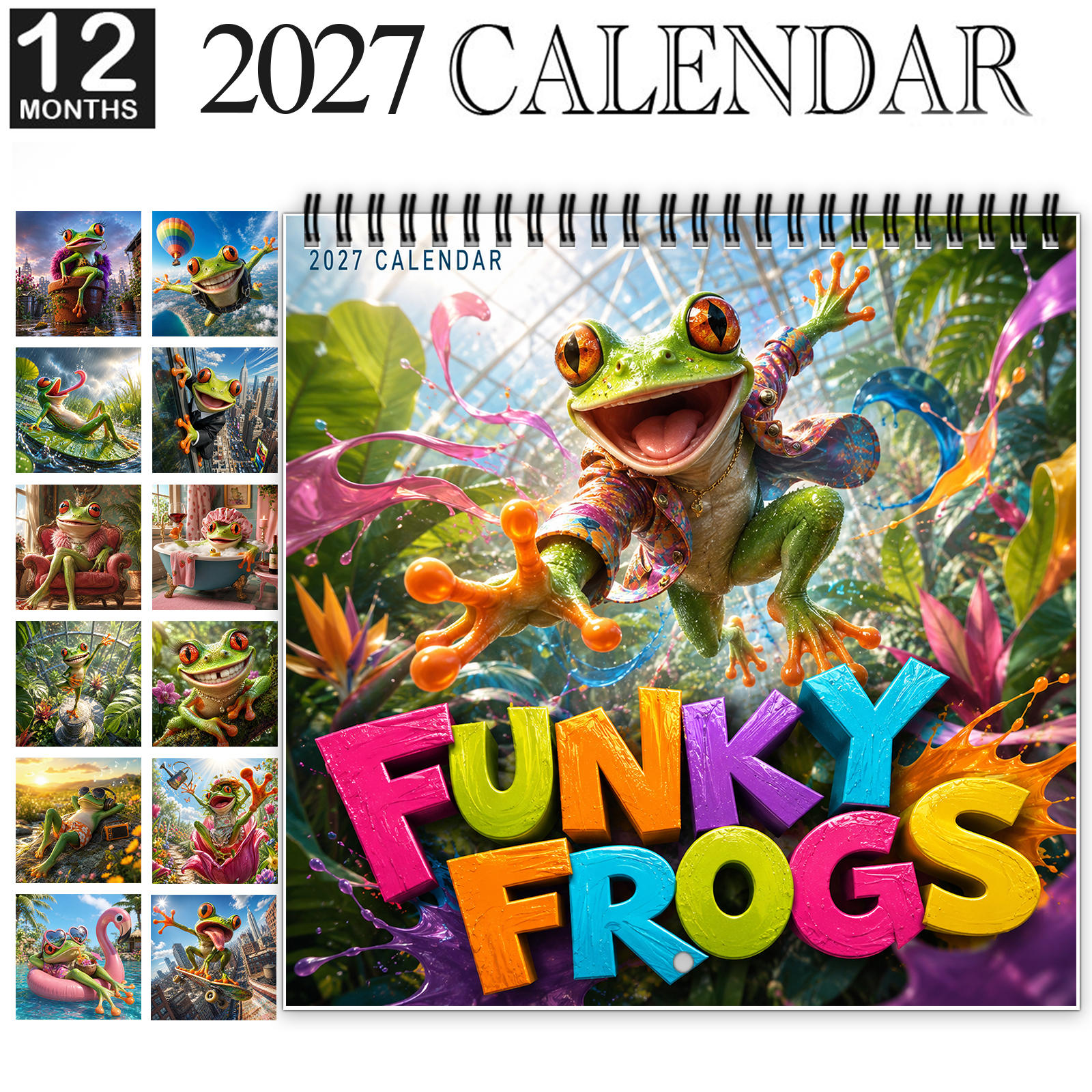 TEMU 1pc 2027 Funky Frogs Calendar - Monthly Wall Planner With Twin Wire Hanging System, Hilarious Frog Photos Suitable For Home Office Decor, Cute