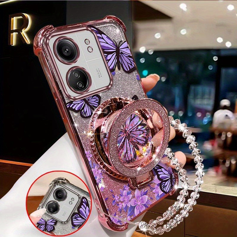 TEMU Étui téléphone : 13C - papillon violet avec support circulaire et cordon transparent à perles - Design tendance, confortable et - - Compatible