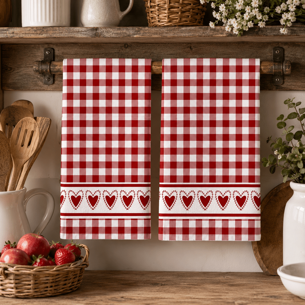 TEMU 2pcs Simple Red And White Checkered Heart Print Towels, Tea Towels For Cooking And Baking, Dish Towels, Cleaning Cloths, Dishwashing Scrub