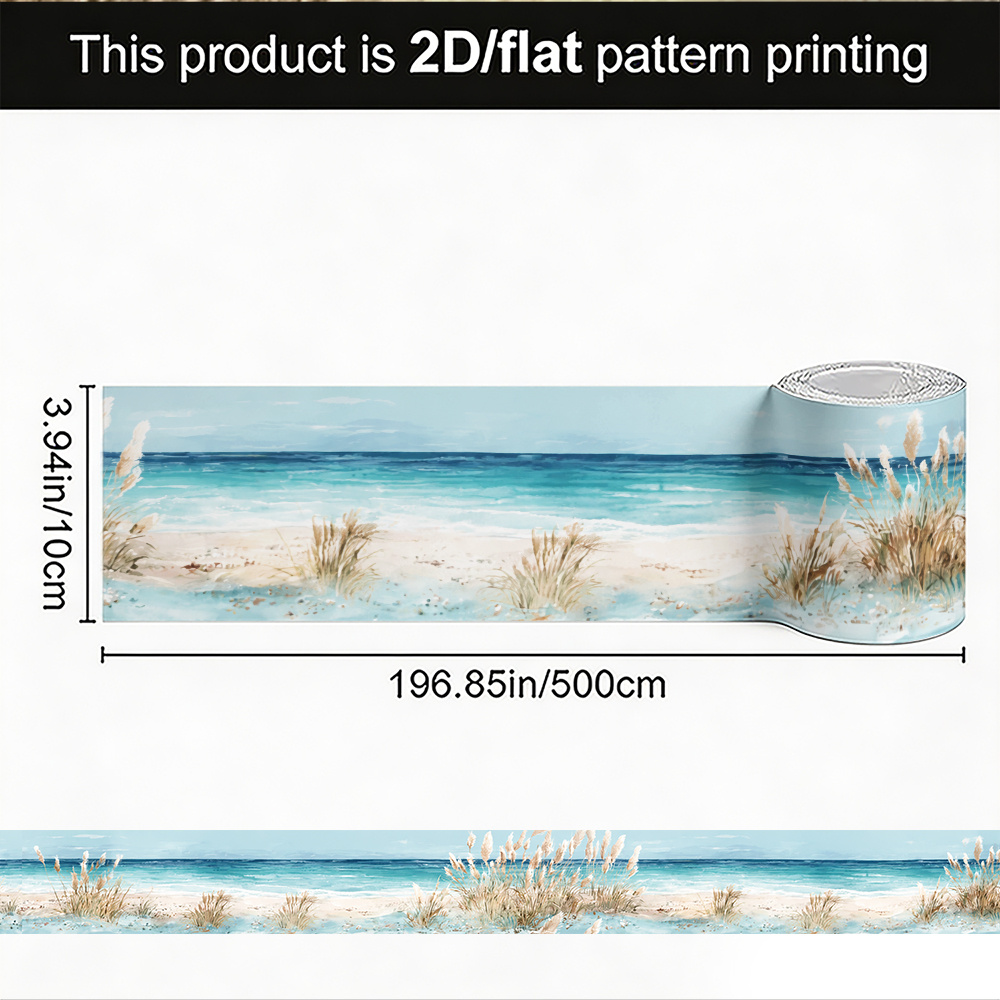 TEMU 1 Roll 2d/flat 10x500cm (3.9x196.9in) Border Sticker/elegant Wall Stickers, Self Adhesive, Coastal Ocean Beach Scene With Turquoise Waves Shore