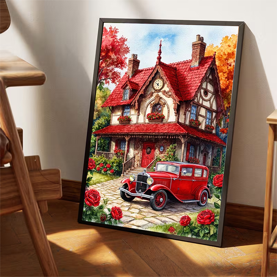 TEMU 1pc Large Size Round Acrylic Diamond Painting, Featuring Red House, Car, And Vibrant Roses, Art, Wall Decor, Ideal Gift For Girlfriend, Parents,