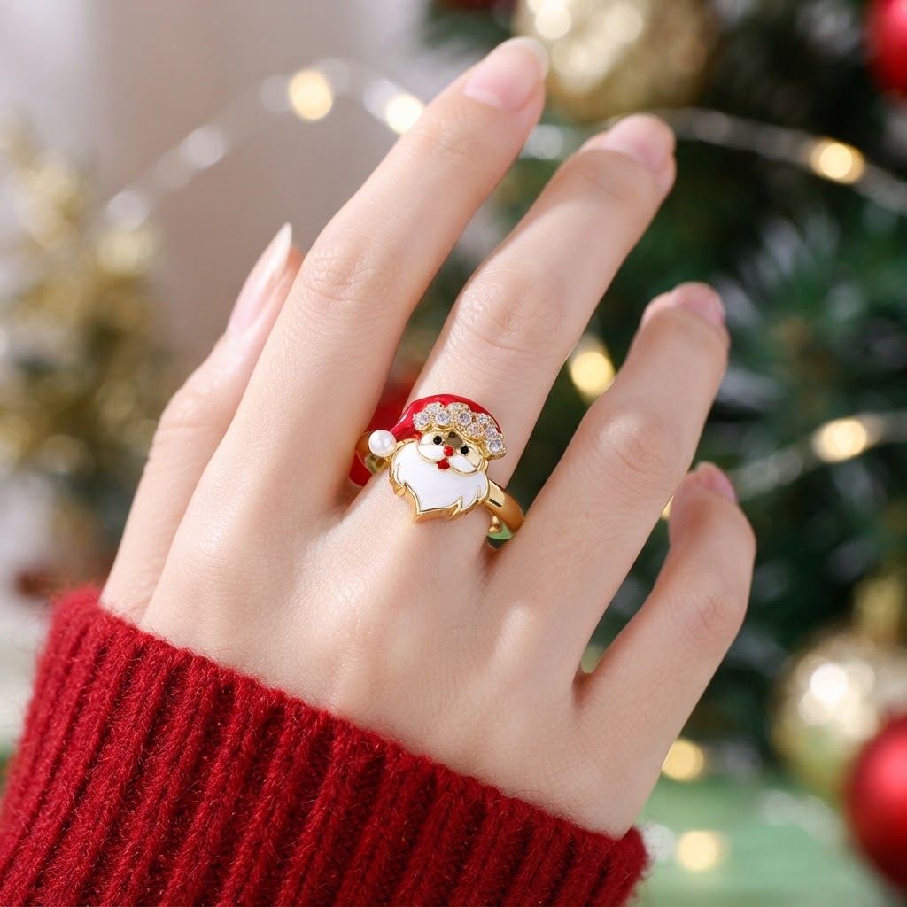 Women's Santa Claus Cartoon Design Ring, Copper with Zirconia