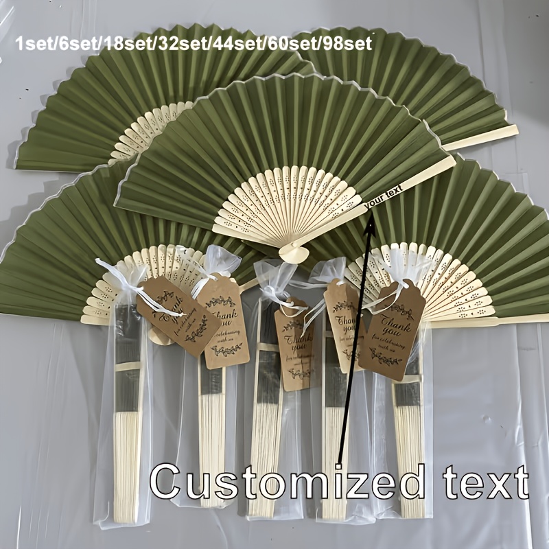 TEMU Ensemble de ventilateurs verts personnalisés, 18 pièces (6 ventilateurs, 6 sacs et 6 cartes de vœux), idéal pour cadeaux d'invités, cadeaux de