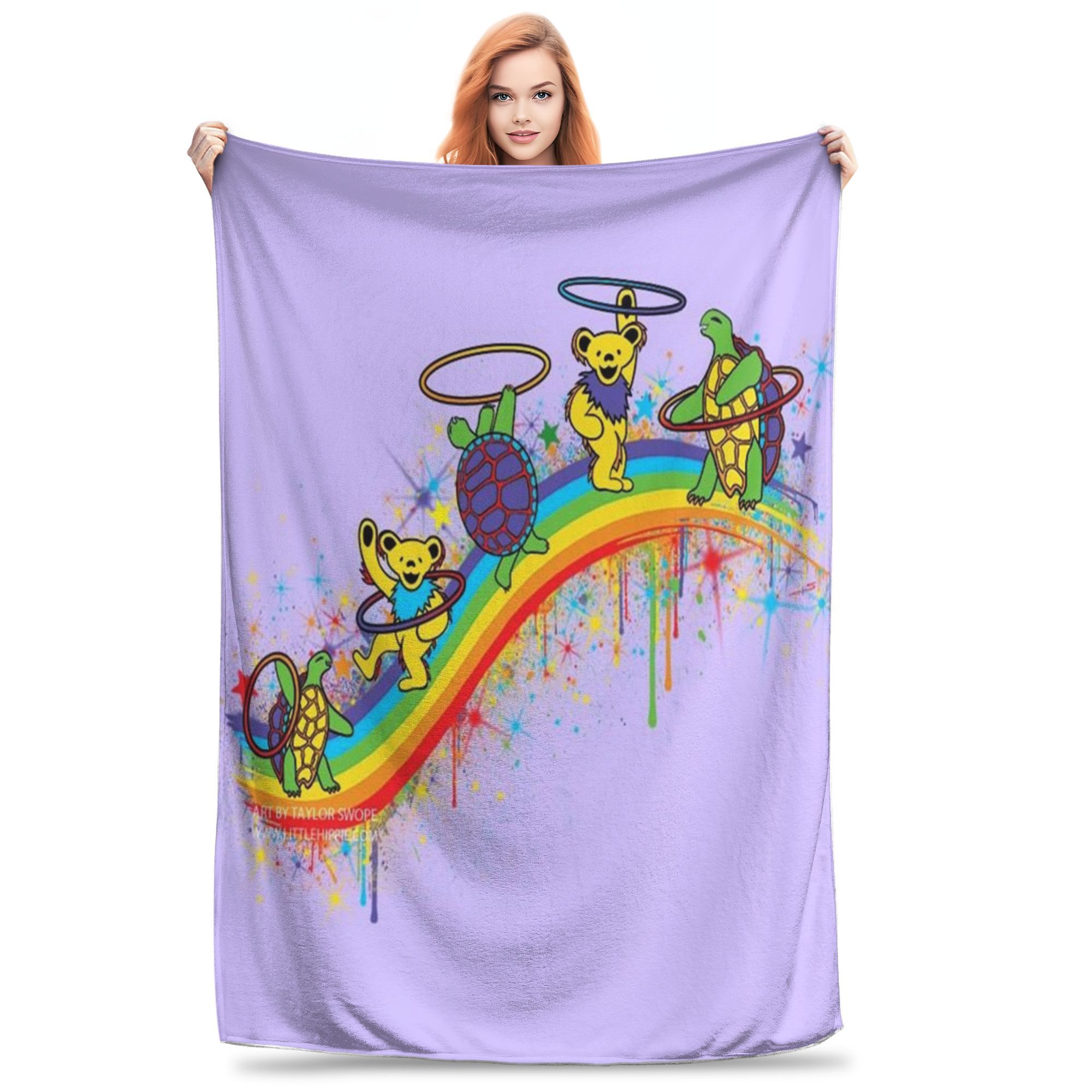 

Anime Bear Rainbow Print Flannel Fleece Blanket, Soft Cozy Warm Multifunctional Nap Throw For Home Camping, Polyester 100%, 250-300gsm