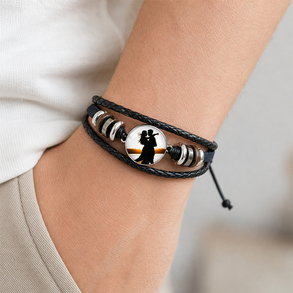 TEMU Pulsera personalizable para mejor con foto, cordón de cuero PU trenzado de capa con dije de foto de del , diseño vintage ajustable, joyería
