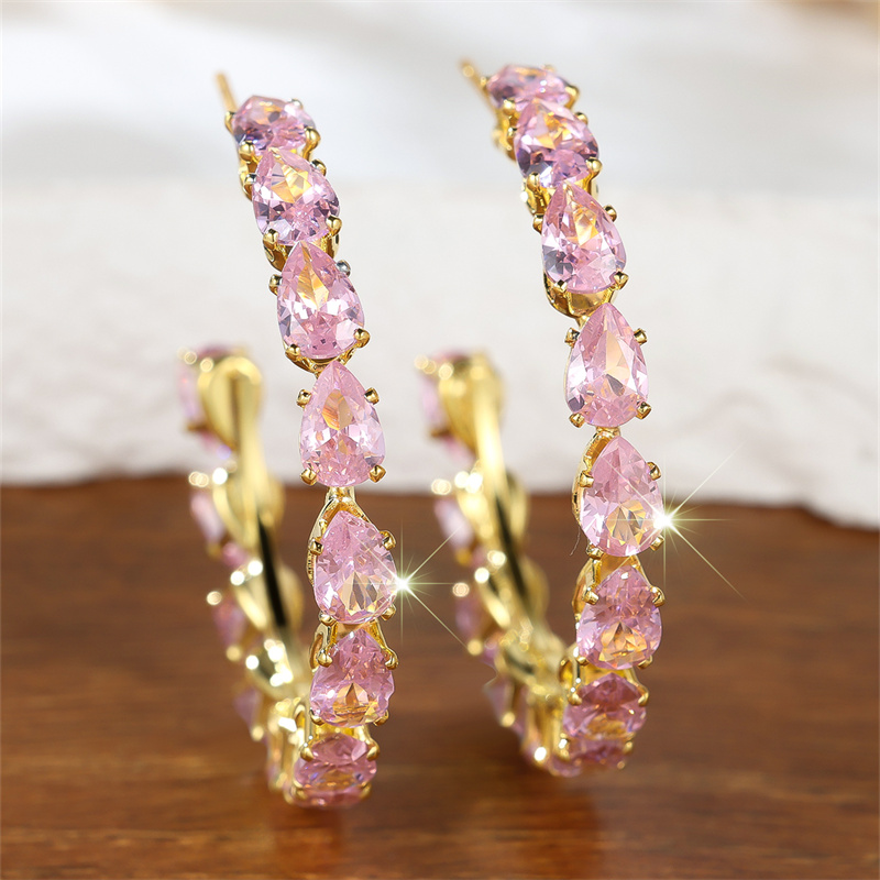 TEMU A Pair Of Golden Hoop Earrings With Pink Teardrop-cut Synthetic Synthetic Zirconia Stones, Perfect For Valentine's Day Gifts