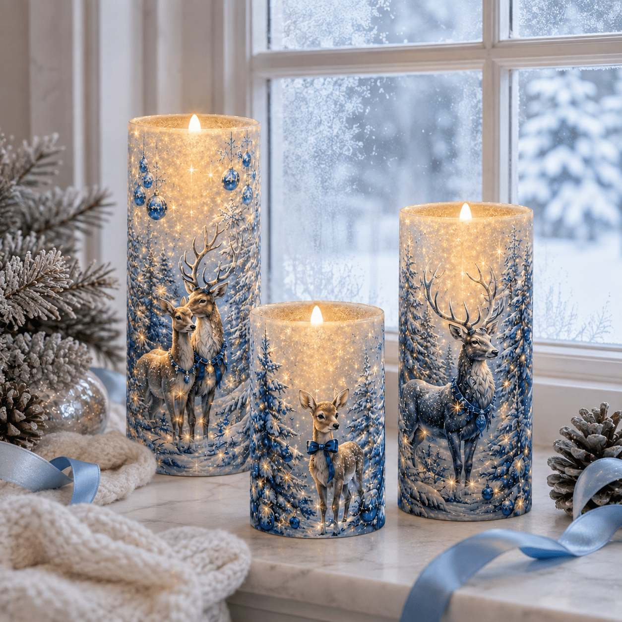 TEMU 3pcs Acrylic Flameless Led Pillar Candle Set Blue Christmas Reindeer Print Battery Operated Flickering Warm Light Candles With Bottom Switch For