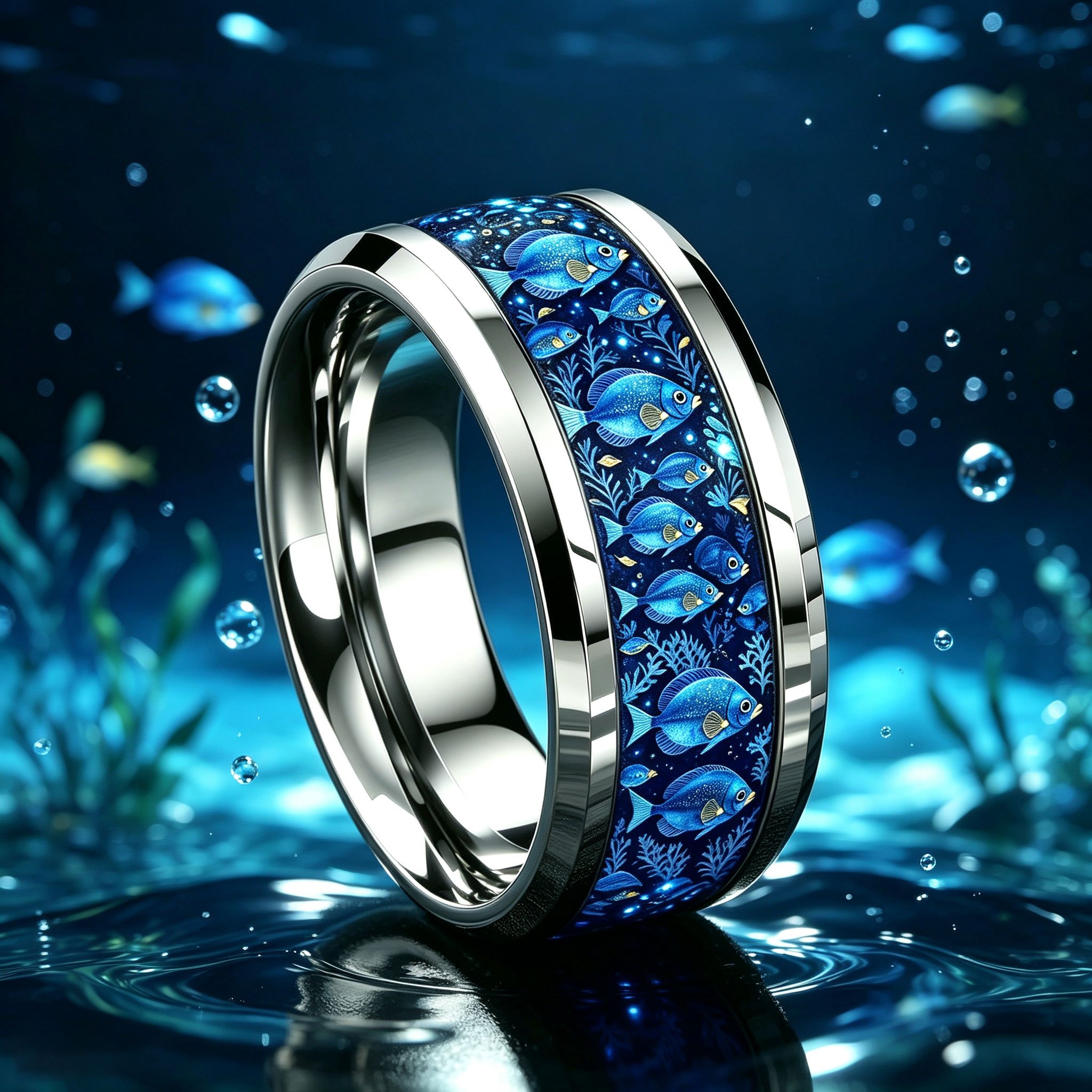 Deep Sea Blue Tropical Fish Algae 304L Stainless Steel Ring