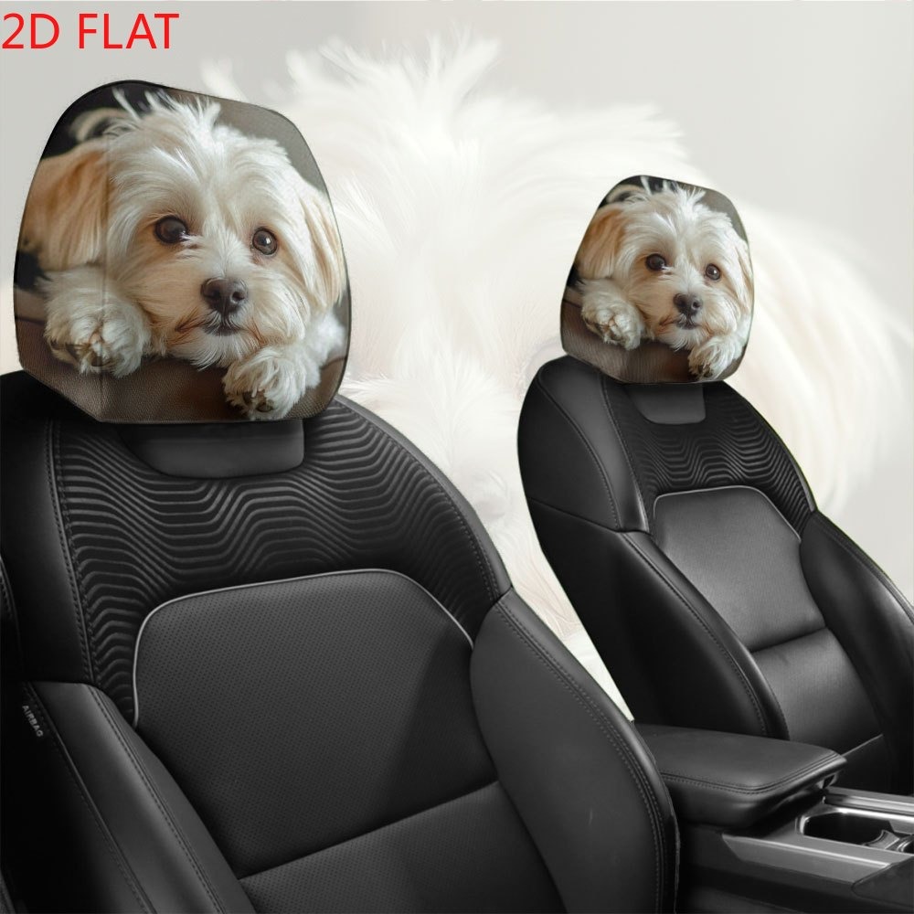 TEMU 2d Flat 2pcs Cute Maltese Dog Car Headrest Covers, 2pcs Set, Decorative Car Headrest Covers/ Fabric Car Headrest Protectors/universal Fit,