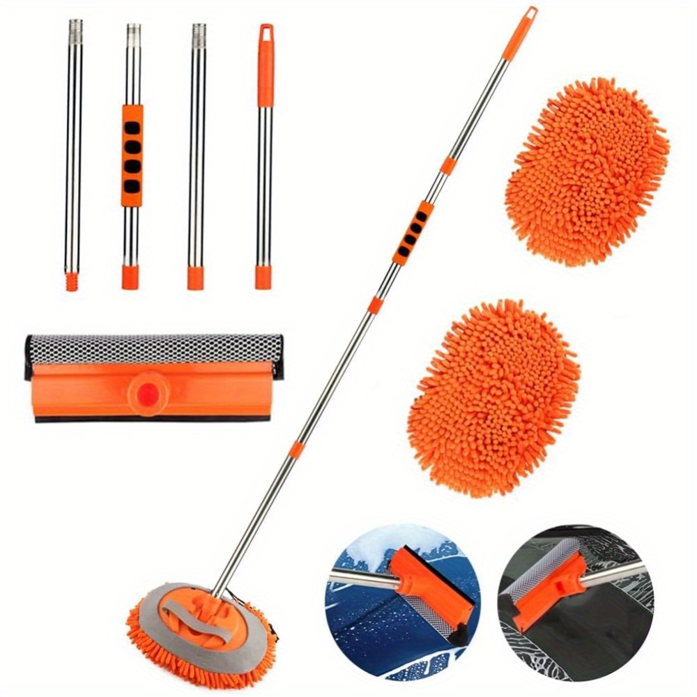 Image of 62 Inch Car Wash Mop Mitt With Long Handle, Chenille Microfiber Car Wash Brush Extension Pole, Scratch Cleaning Tool For Car, Truck, Rv, Mop Head And 1 Drying Squeegee Sponge