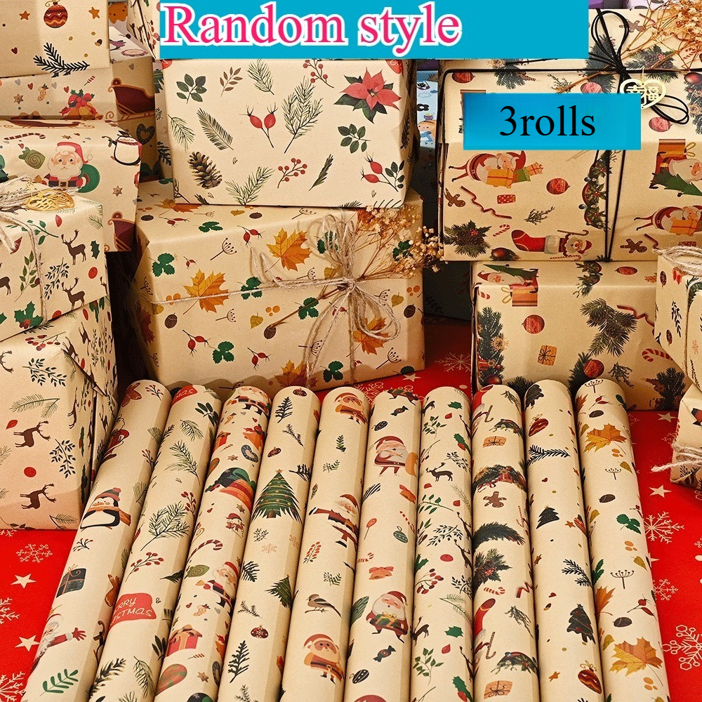 TEMU 3 Rouleaux de de Noël Vintage en Papier , Taille 20 × 29 Pouces (50 × 74 cm), Emballage Cadeau de Fêtes Style Rustique, Convient pour Cadeaux de