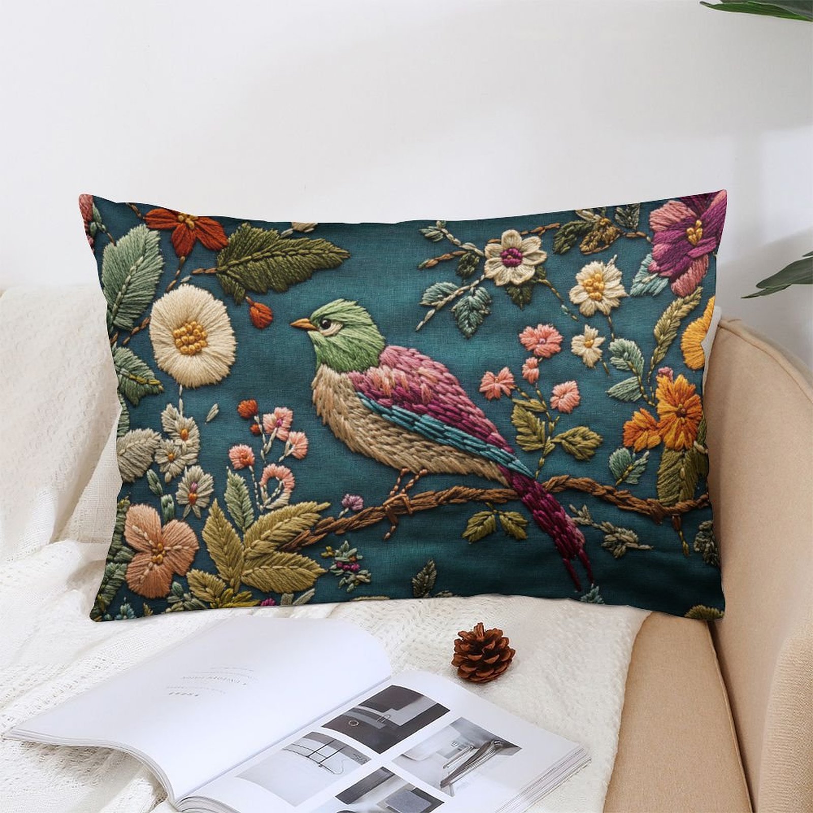 

1pc Style Embroidered Bird Print Velvet Pillow Cover, 12x20 Inch, Soft Cozy Decorative Cushion Case With Zipper Closure, Machine Washable, Polyester, For Sofa, Bedroom, Living Room Decor