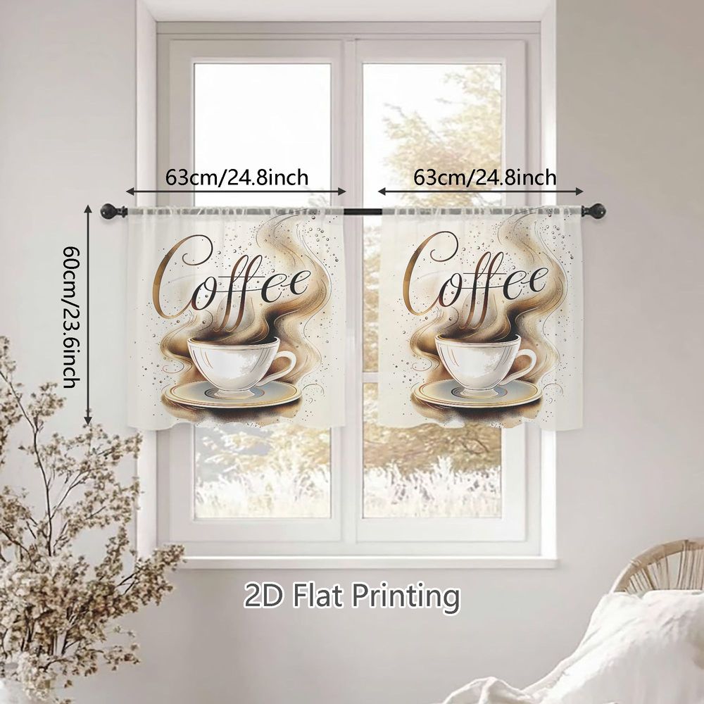 TEMU 2D Flat - 2D Flat - Set aus zwei leichten, transparenten Vorhängen für Frühling und Sommer, mit einem verspielten Design von weißen Kaffeetassen