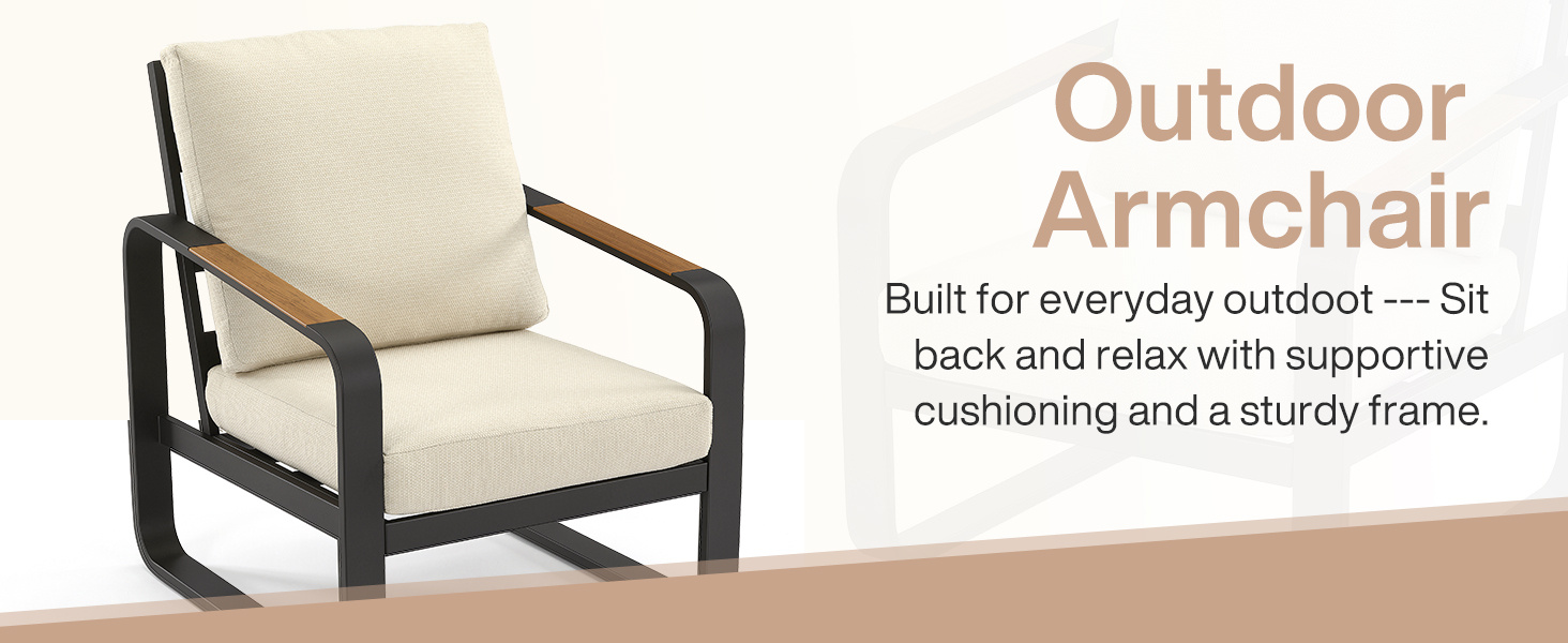Outdoor Patio Lounge Chair with Beige Cushions, Black Aluminum Frame, Wood Armrests, Modern Style, Ideal Fathers Day Gift