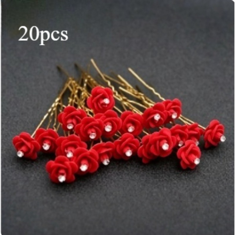 TEMU Pack Of 20 Wine Red Rosebud Bridal Wedding Hairpins, Red Hair Clips, U-shaped Flower Hair Clips, Bridal Hairpin Additions For Women And