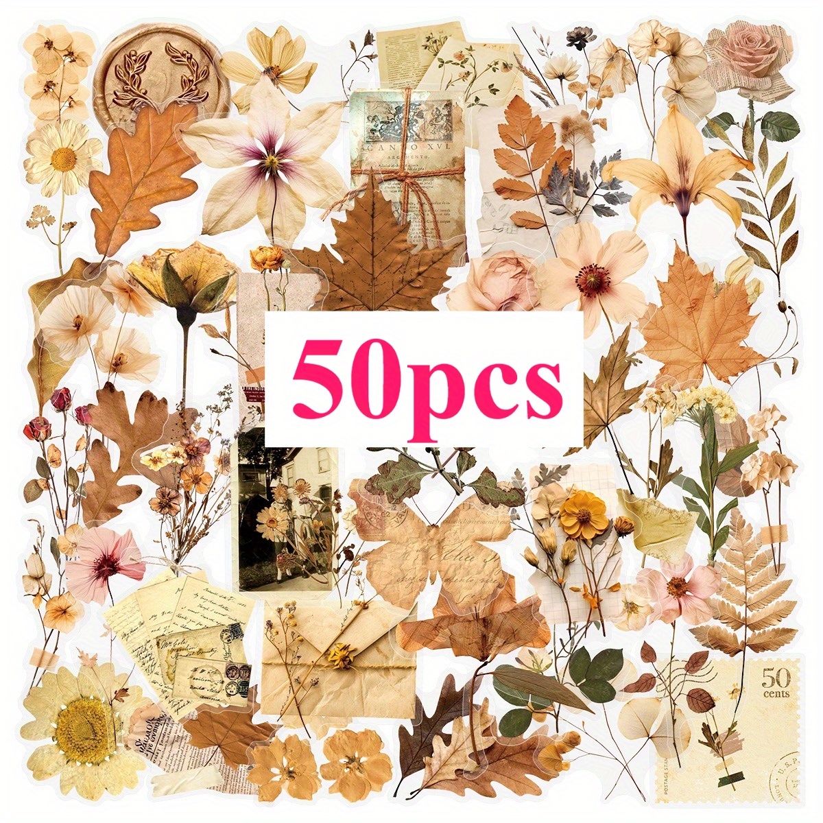 50pcs Transparent Dry Flower & Leaf Specimen Stickers Suitable For Scrapbooking, Journals, Planners, Water Bottles - Pet Plastic Sheets With Realistic Replicas, Irregular Cutouts (glossy)
