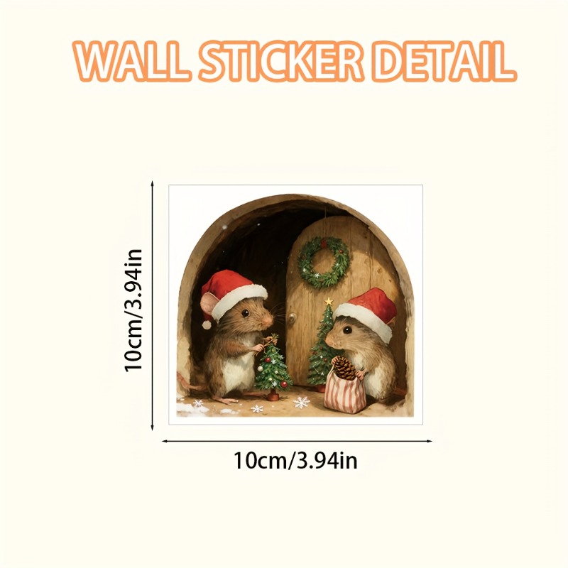 TEMU 1pc Vintage Cozy Christmas Themed 2d Flat Wall Sticker, A Realistic Visual Effect At Of The Door. 2 Adorable Little Mice Wearing Santa Hats Are