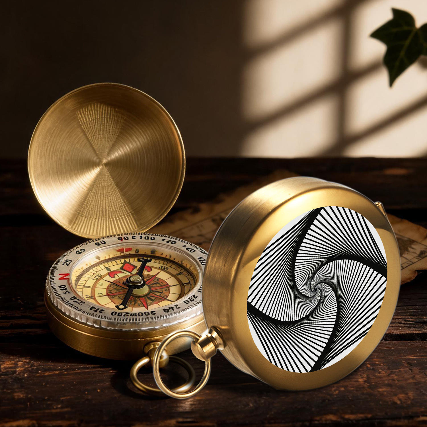 Vintage Pure Copper Spiral Line Art Pocket Compass with Key Ring