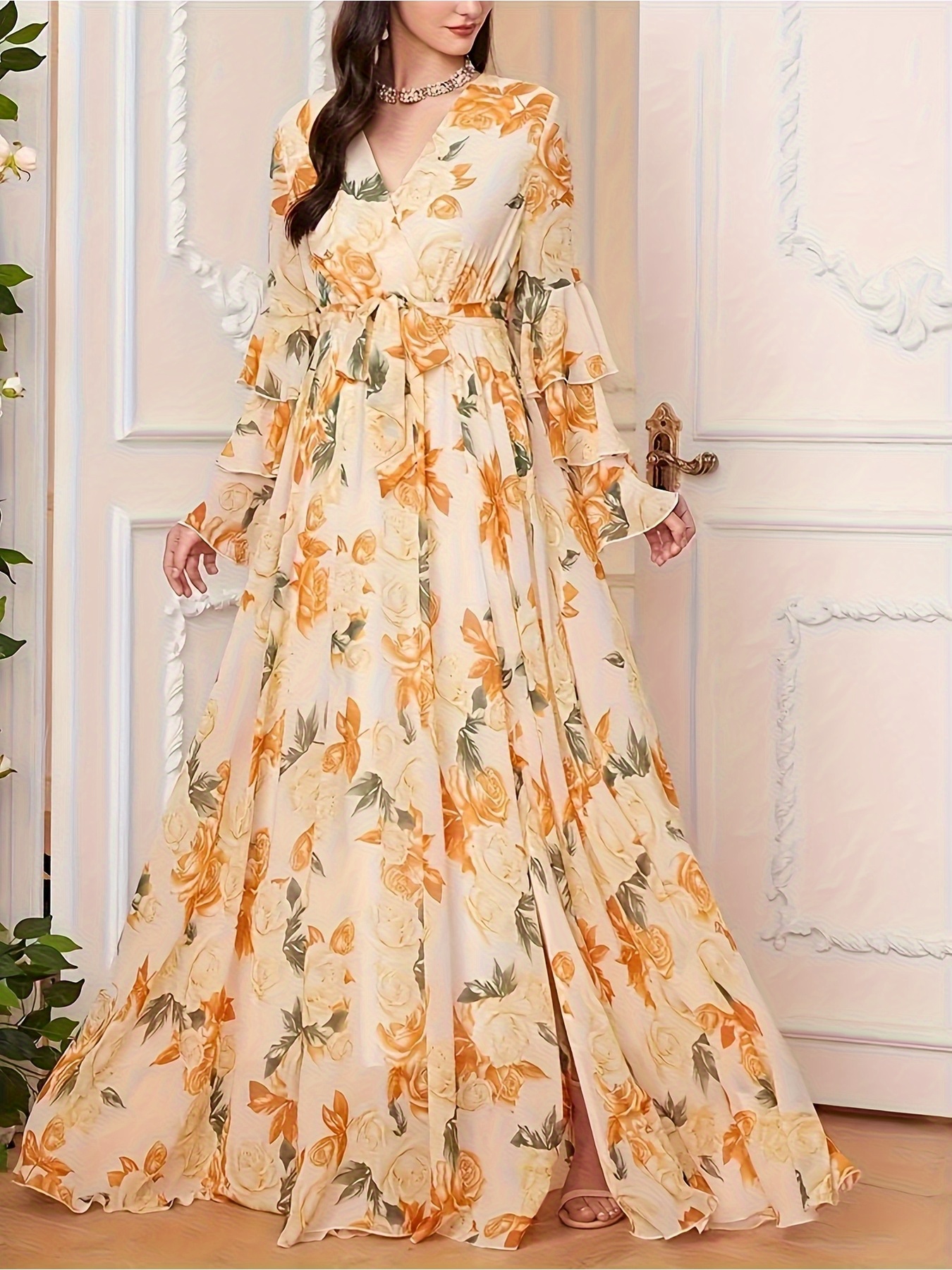 floral print maxi dress ankle length waist - Temu Oman