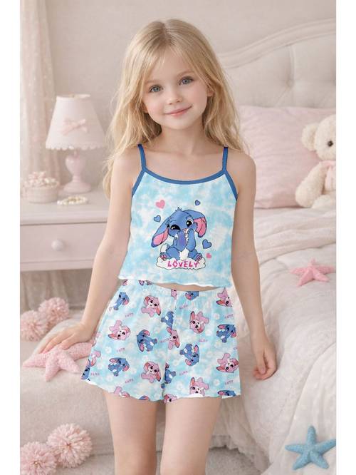 2pcs girls camisole shorts pajamas rabbit print comfortable fabric suitable for summer wear machine washable gift for girls flame retardant fabric