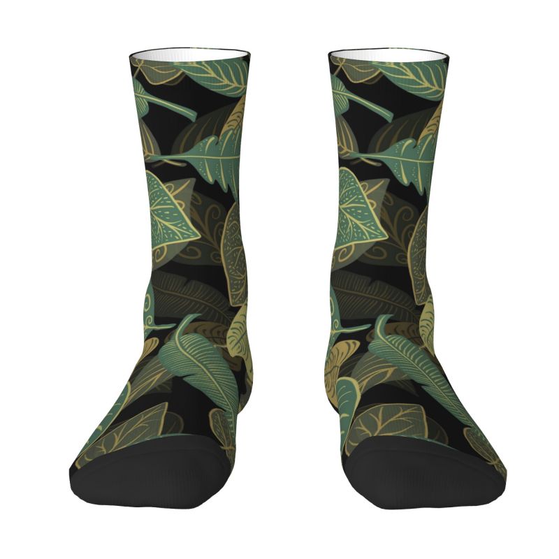 TEMU Vintage Forest-style Plant Print Trendy Mid-calf Socks With Deep Sole And Multicolor Green Plant Patterns, Unisex Socks For Enthusiasts,