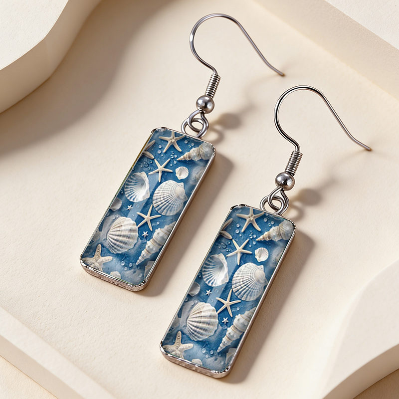 TEMU 1 Pair Starfish And Seashells Rectangular Earring Fashion Dangle Earrings Handmade Glass Dome Jewelry, Without Battery