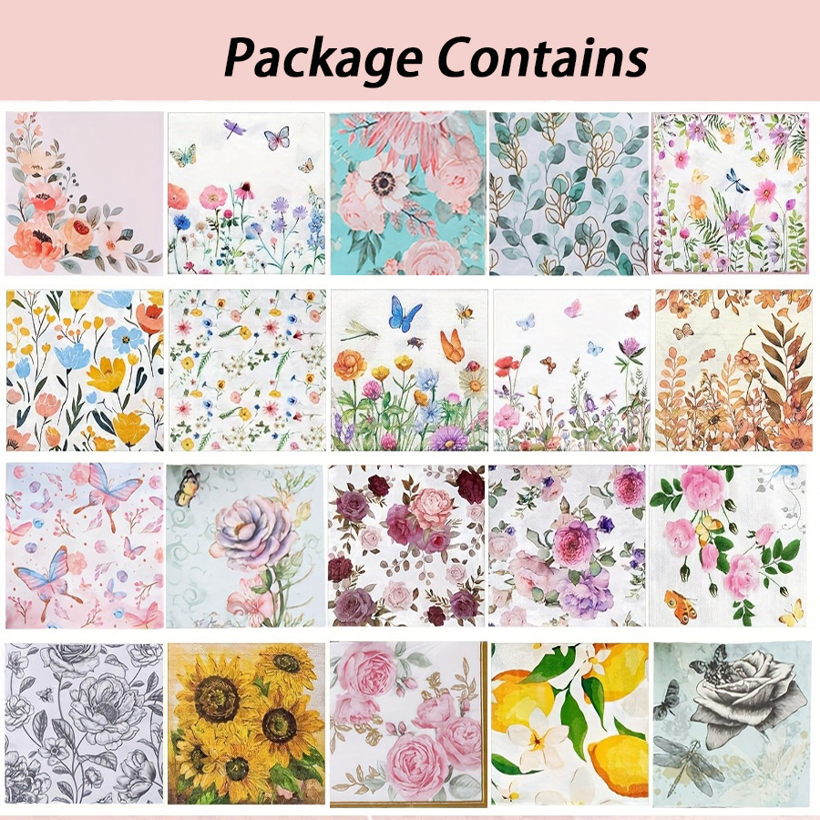 E-shop 20 Stück Decoupage Servietten, Sortierte florale dekorative Decoupage Servietten, Cocktailpapier für die Bastelung von Geburtstagsfeiern, Jede