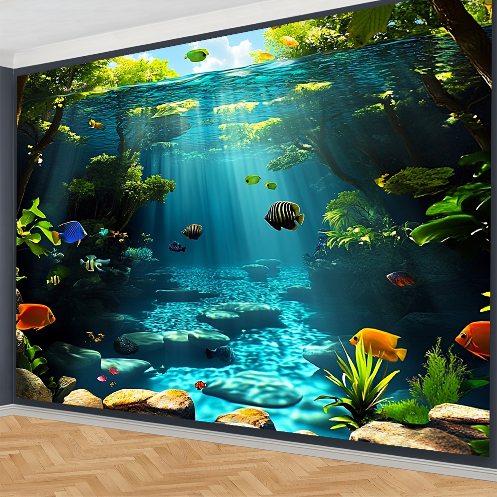 TEMU 2d Flat, [2d Flat Printing]underwater Ocean Theme Wall Mural - 1pc Large Aquatic Plants & With Design - Self-adhesive Polyester Fabric For Home,