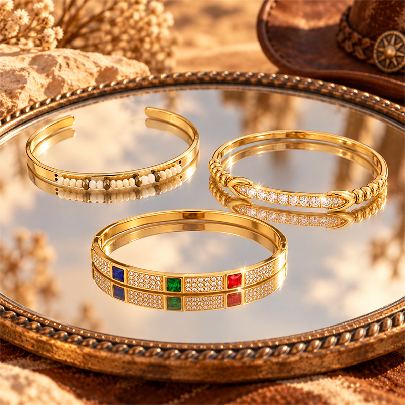 3pcs Square Gem & Twisted Chain Bangle Set for Women