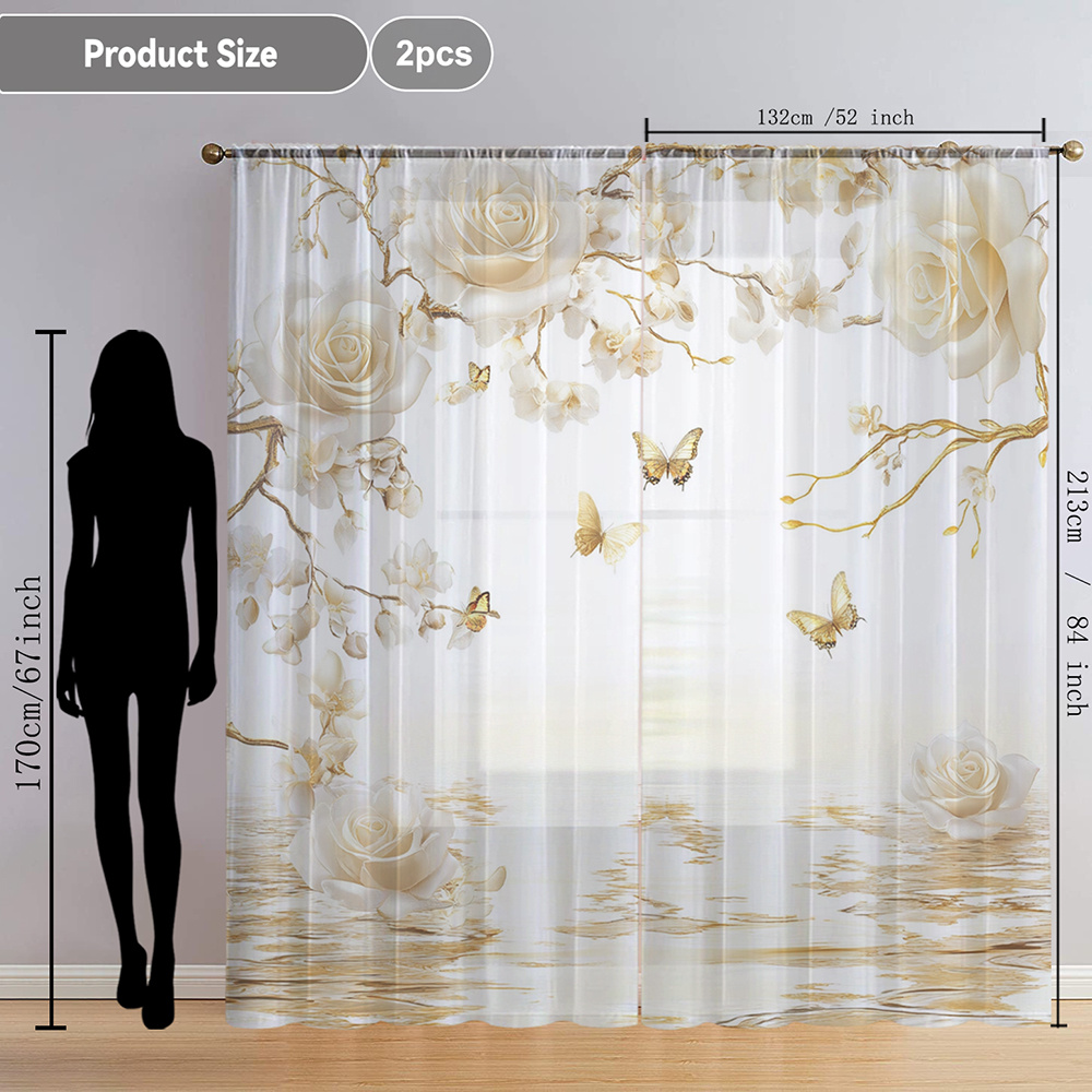 TEMU 2pcs White Rose Elegant Printed Sheer Curtain, Elegant And Luxurious Style With Rod Pocket Decorative Window Sheer, Flowing Sheer Curtain For