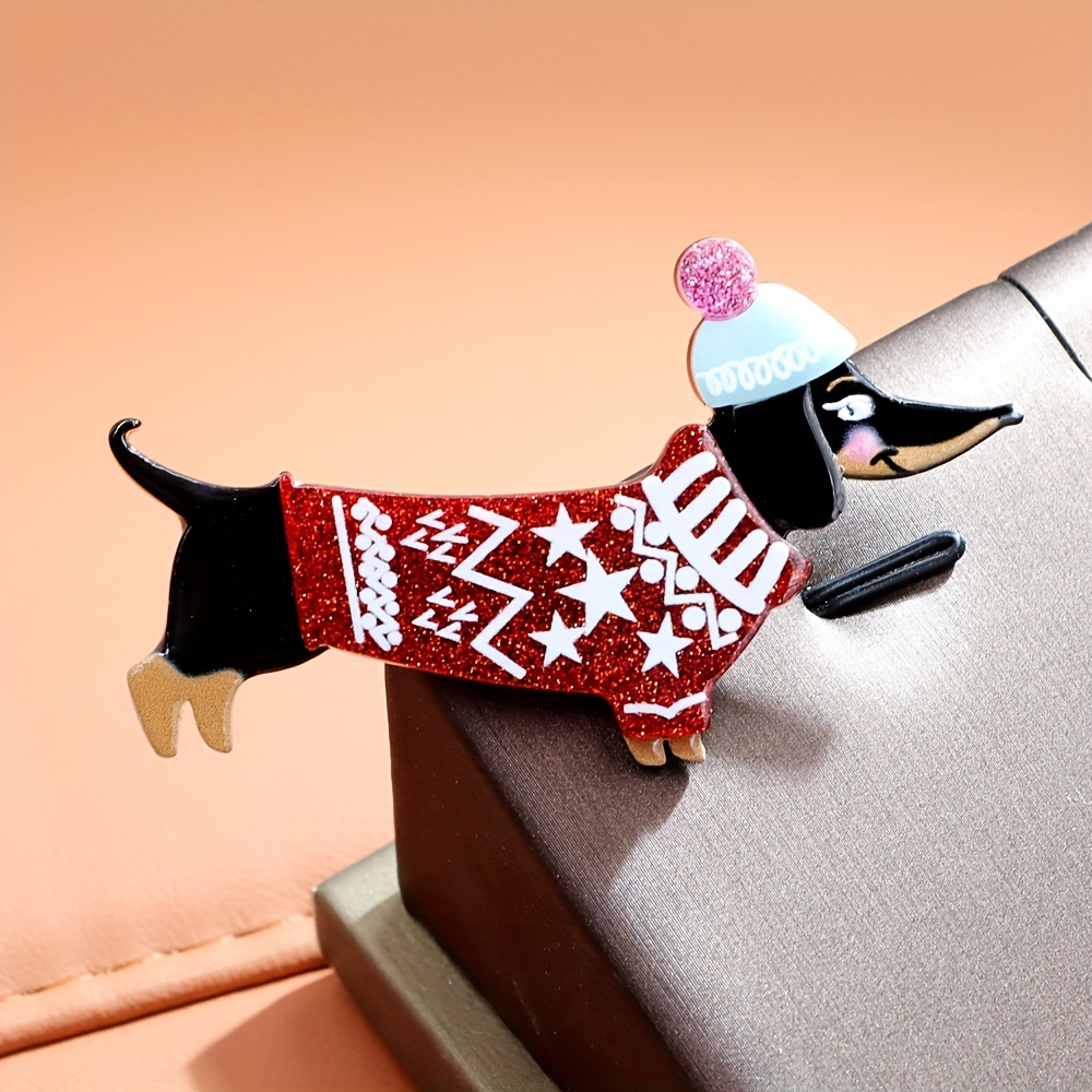 TEMU 2d Flat, 1pc Handmade Bohemian Retro Dachshund Brooch - Acrylic Dachshund Dog Collar Accessory Suitable For Daily Wear, Christmas Gifts, Fashion