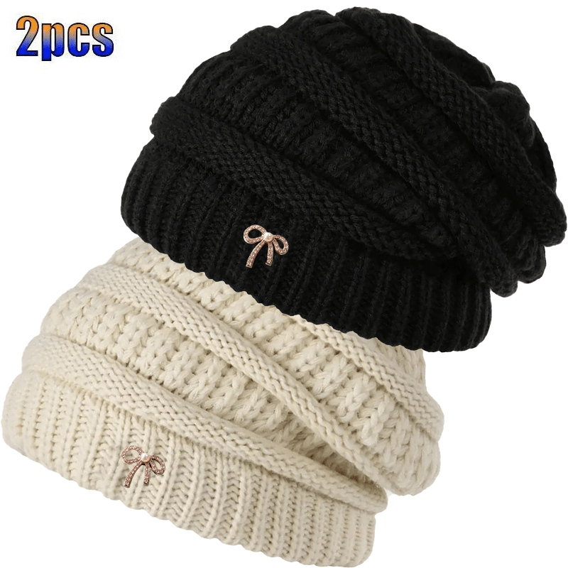 TEMU 2pcs Women's Autumn And Winter Slouchy Beanie Hats, Men's Soft Warm Hat Set For Daily Outdoor Wear, Black And White